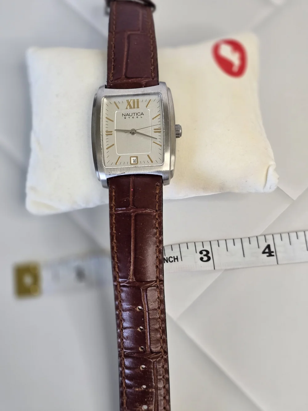 Nautica Steel Y2K Silver Dial Watch with Brown Leather Strap
